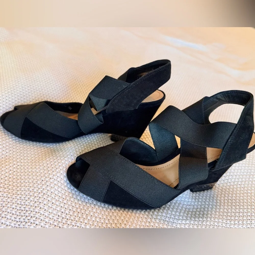 TORY BURCH Debbie Strappy Black Suede Leather Wedge Heels Sandals Women’s Shoes